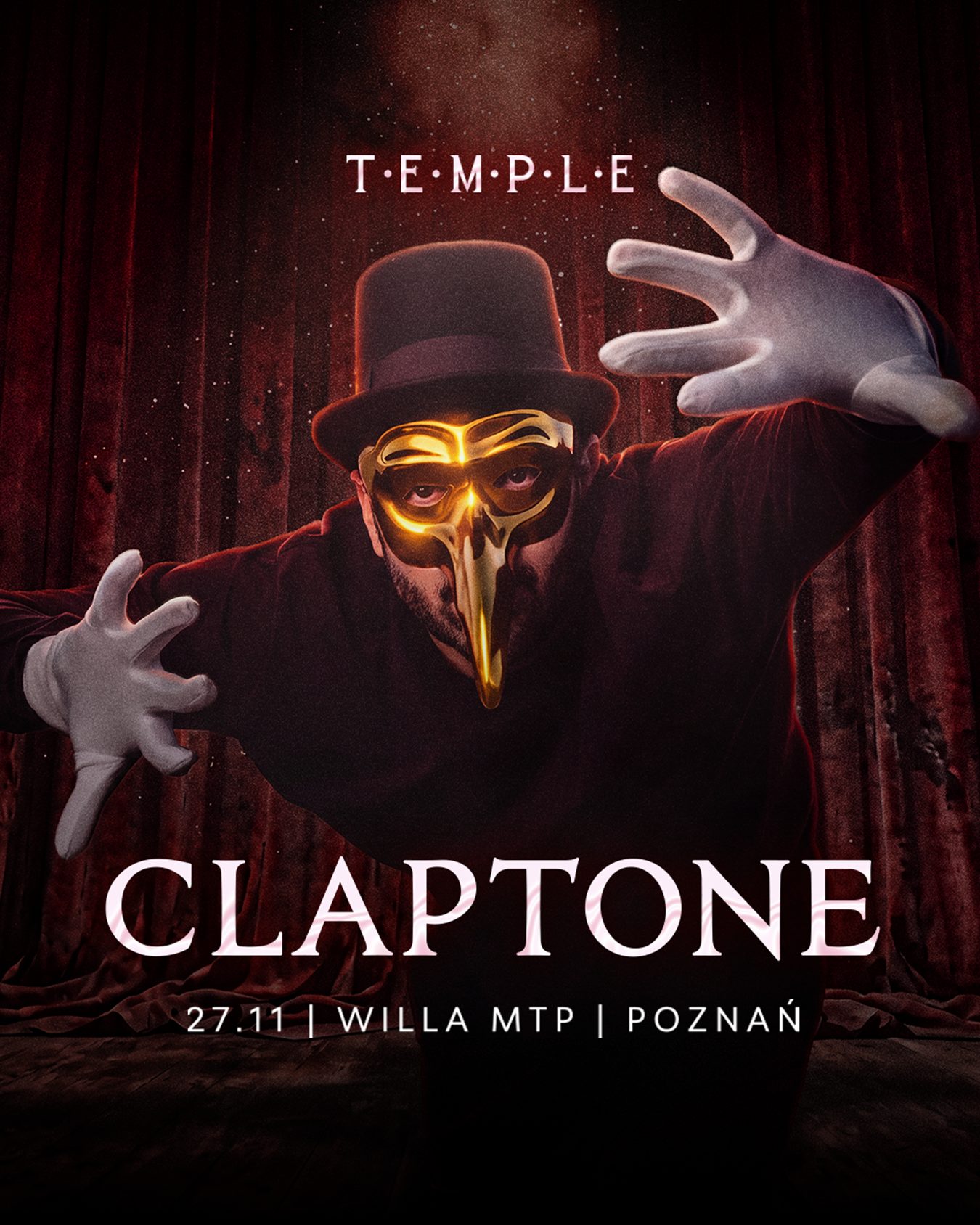 Złota maska Claptone — detal key visualu